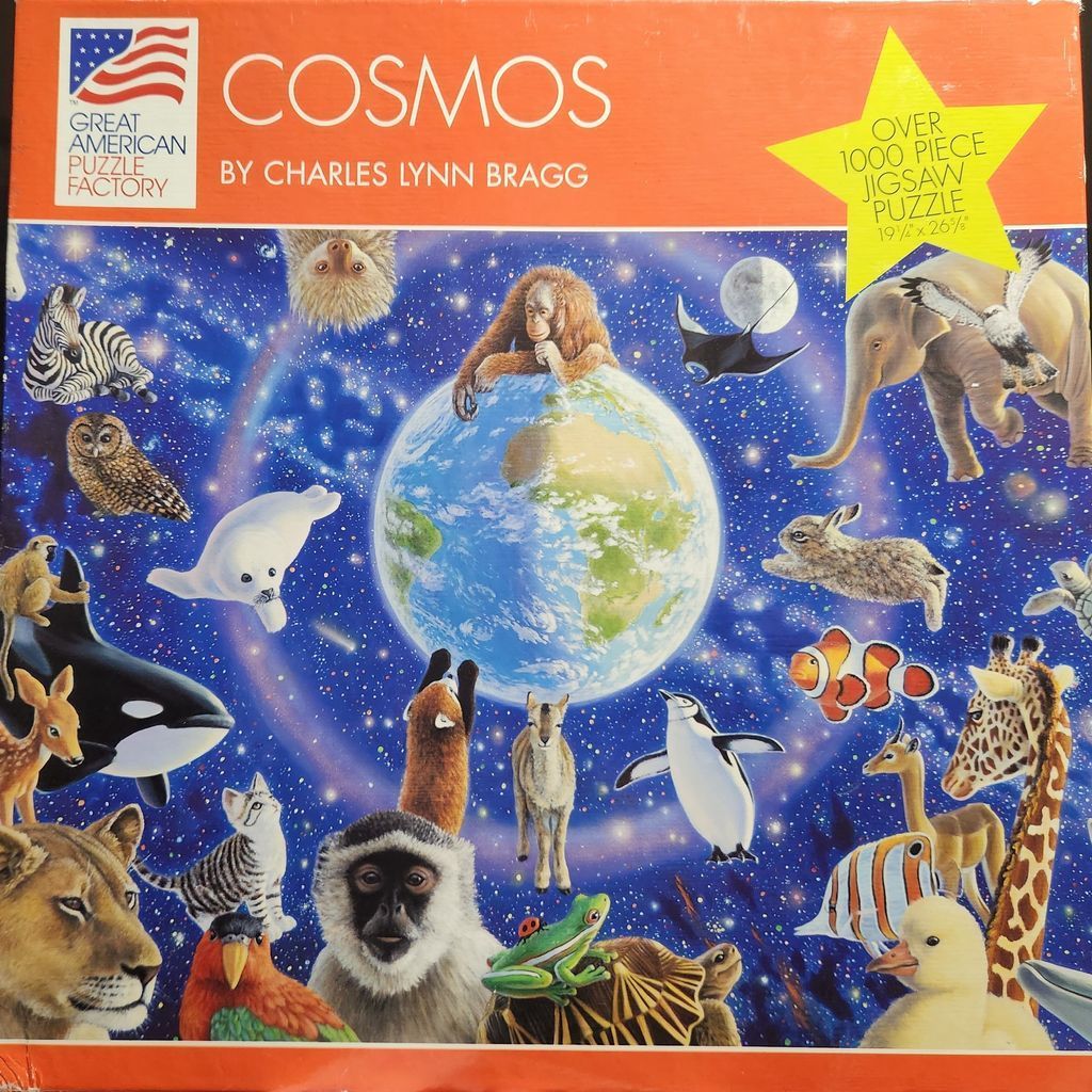 An illustration of Earth surrounded by various animals against a star-filled night sky.