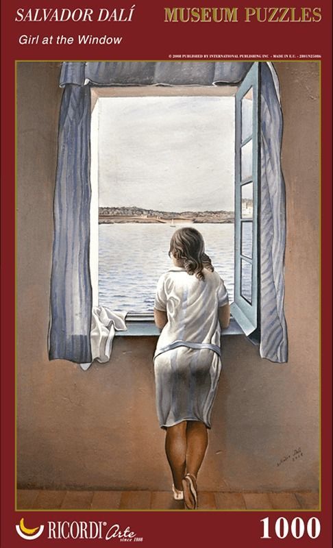 A girl with dark hair seen from behind, looking out a window at a calm sea in a realistic painting.