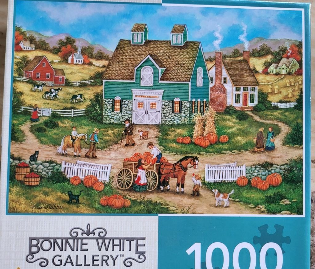 A rural harvest scene with a green barn, horse-drawn wagon of pumpkins, and figures in a pastoral landscape.