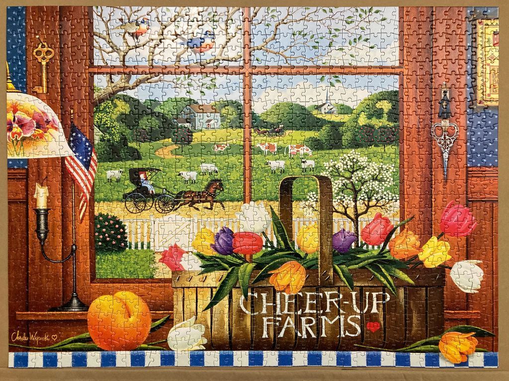 A folk art scene showing a farm view through a window with a basket of tulips in the foreground.