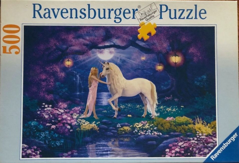 A woman in a pink dress standing with a white unicorn in a magical moonlit forest scene.