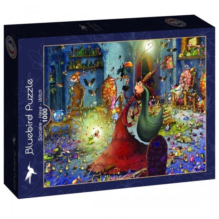 Whimsical cartoon illustration of a witch in a cluttered, magical potion room filled with small creatures.