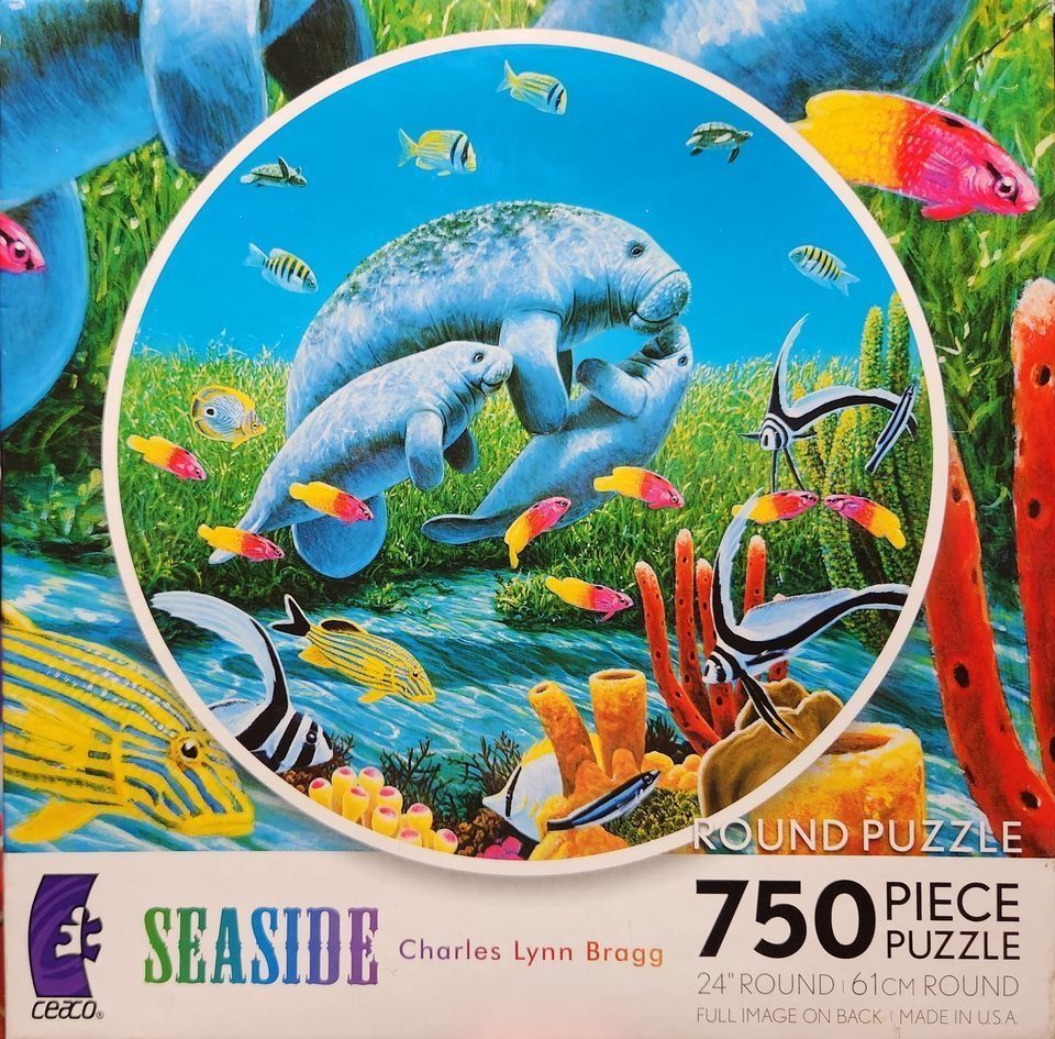 Illustration of three manatees swimming in a vibrant coral reef filled with colorful tropical fish.
