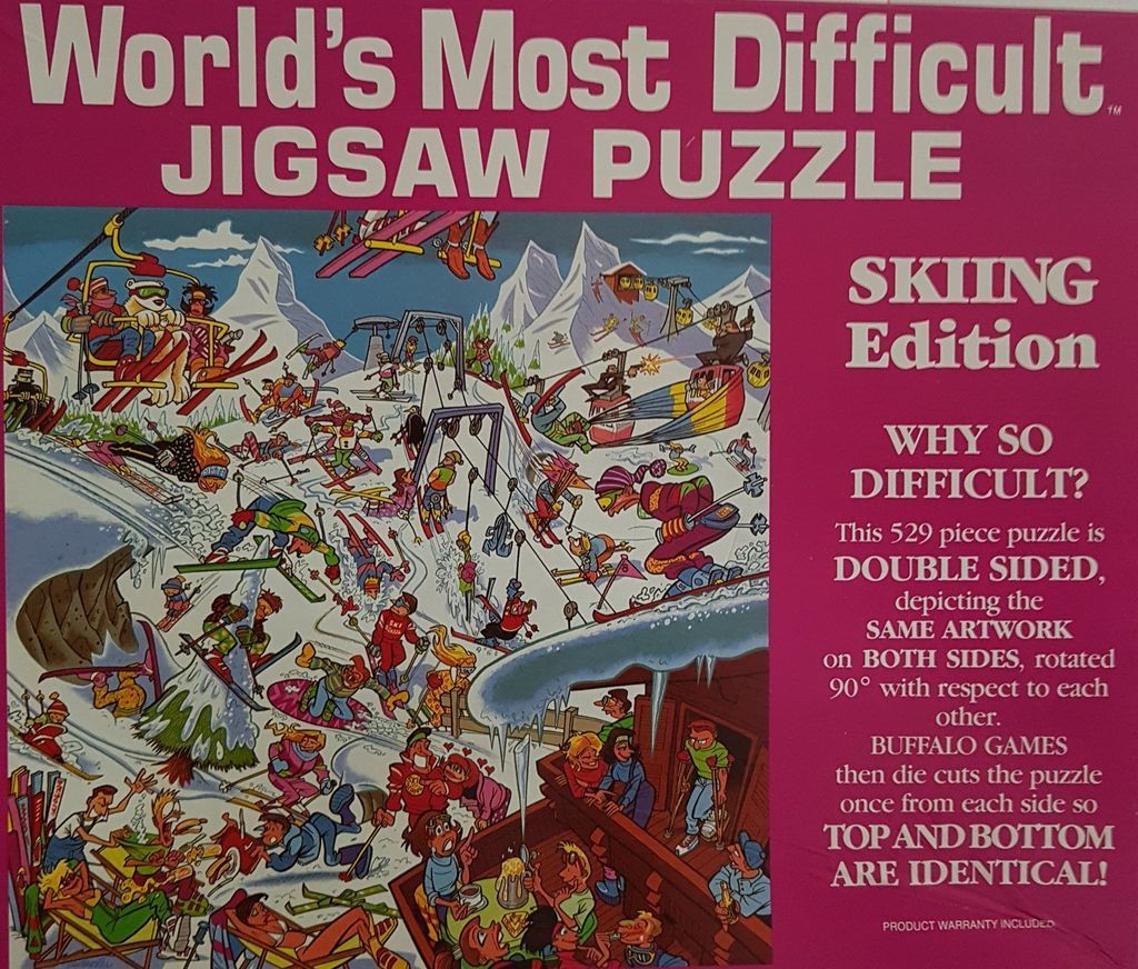 Cartoon illustration of a chaotic ski resort with numerous figures skiing, falling, and relaxing.