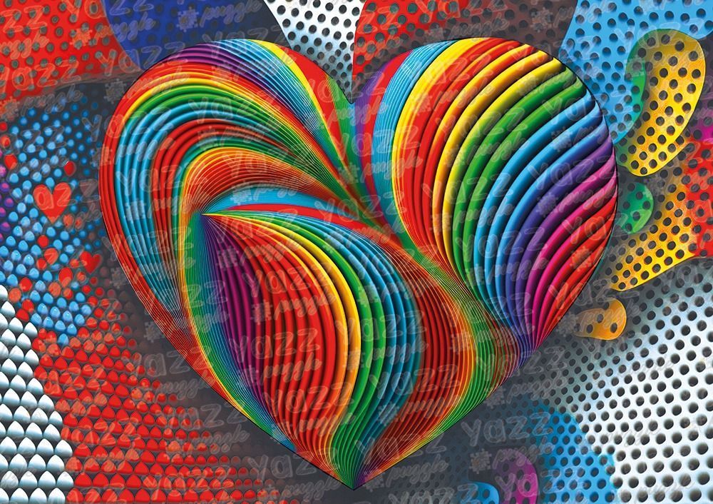 A heart shape made of vibrant, layered rainbow-colored paper strips against a dotted, multi-colored background.