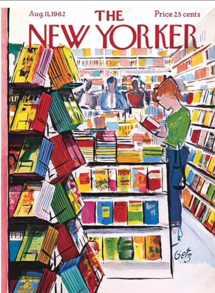 An illustration of a young woman reading in a crowded bookstore filled with colorful shelves.