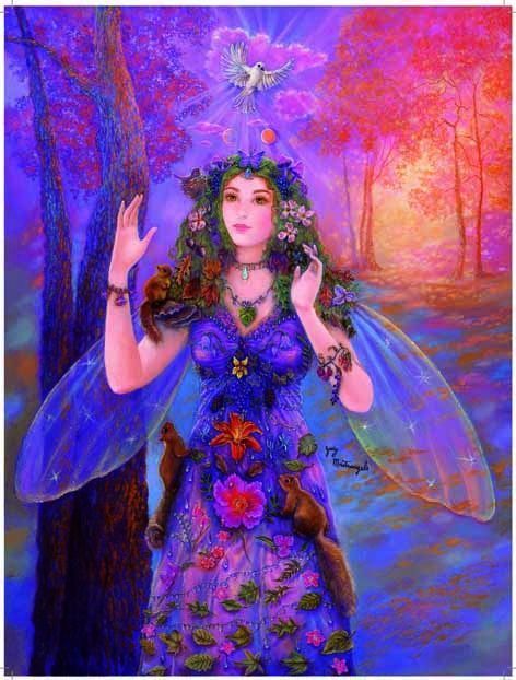 A fairy-like woman with long, flower-adorned hair stands in a forest with two squirrels and a dove above her.