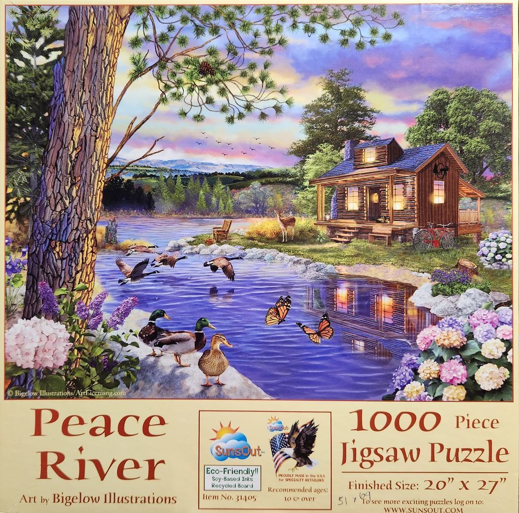 A peaceful lakeside cabin scene with ducks, butterflies, and a sunset sky.
