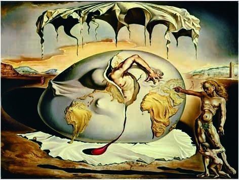 A surrealist painting of a human figure emerging from a cracked egg shaped like a globe.