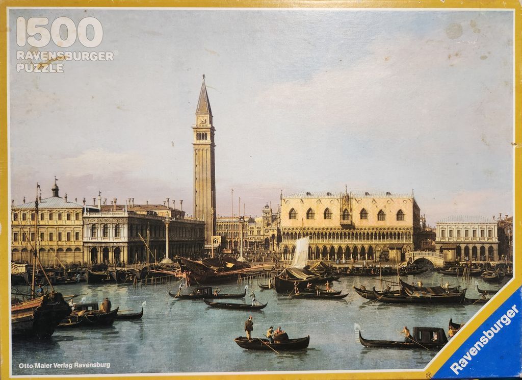 A classic oil painting of St. Mark's Square in Venice featuring the Campanile and Doge's Palace from the water.