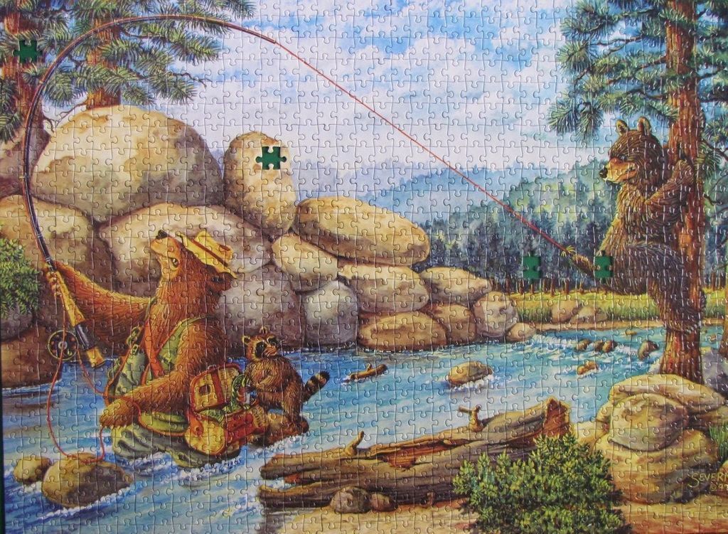 A whimsical illustration of a bear fishing while a smaller bear climbs a tree nearby.