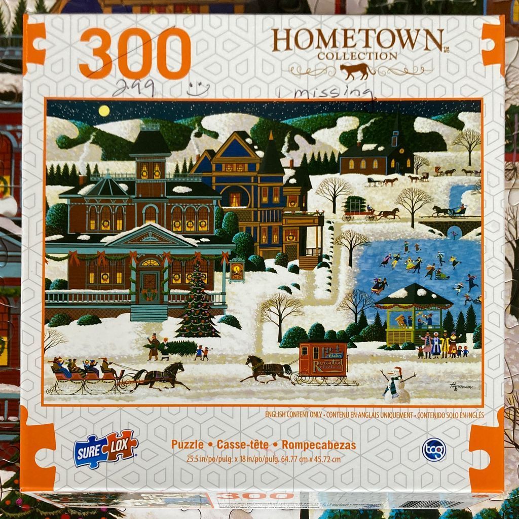 A whimsical folk-art style illustration of a Victorian village in winter, featuring skaters, horse-drawn sleighs, and snow.