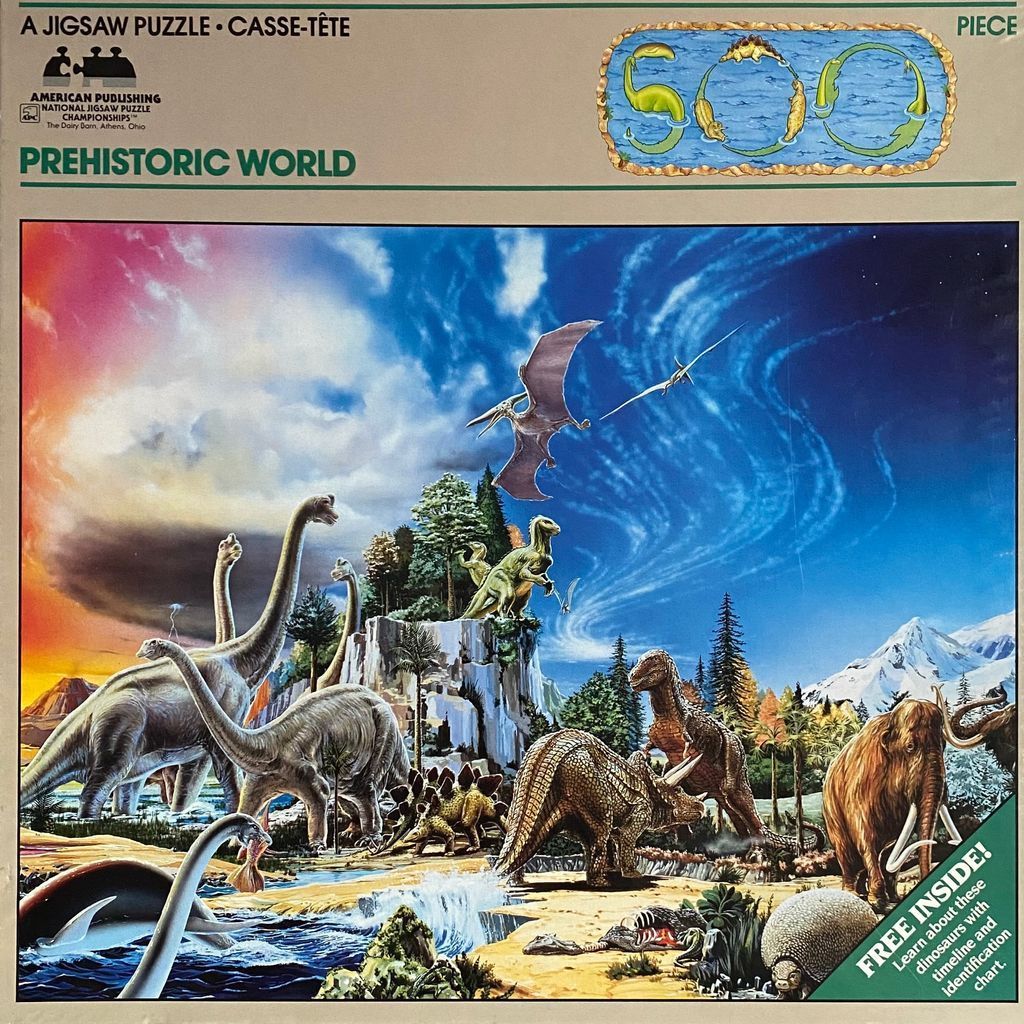 An illustration of various dinosaurs and prehistoric creatures in a lush landscape under a vibrant split sky.
