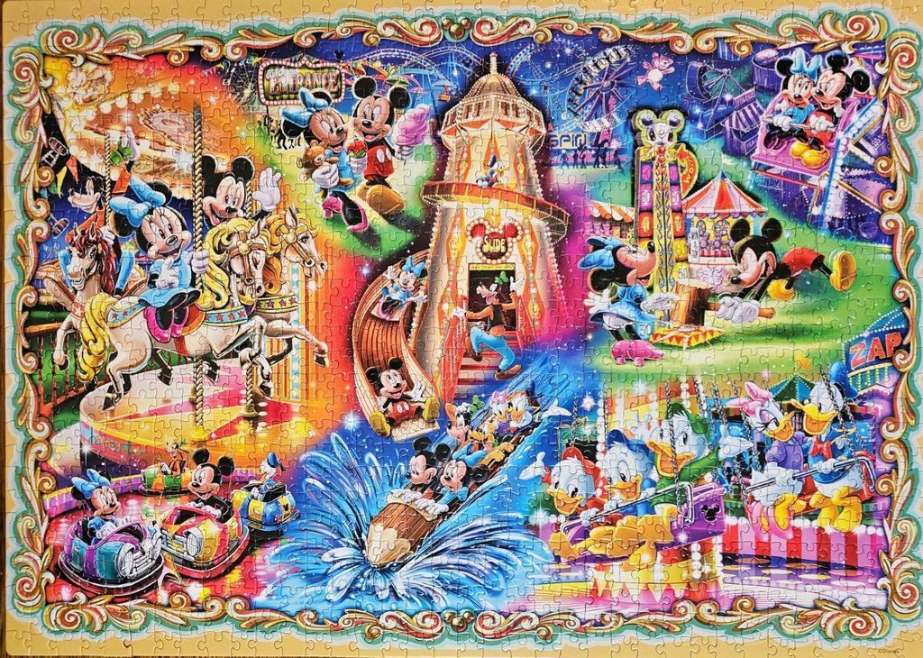 A vibrant illustration of classic Disney characters enjoying a colorful carnival and amusement park rides.