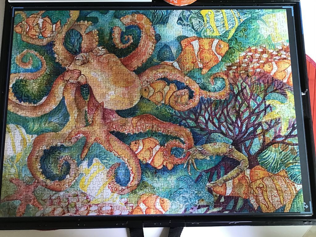 An illustration of a large octopus surrounded by clownfish in a vibrant coral reef.