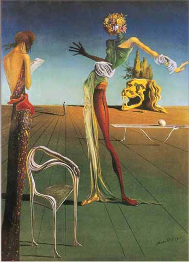 A surrealist painting showing a woman with a floral head dancing on a desert-like plane near a giant lion head.