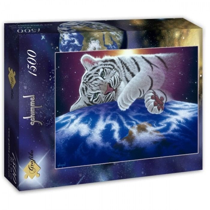 A white tiger resting its head and paws atop the globe against a backdrop of deep space.