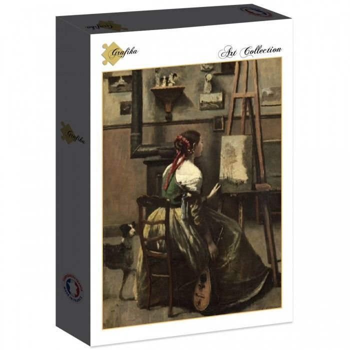An oil painting of a young woman in 19th-century dress sitting at an easel in an artist's studio with her dog.