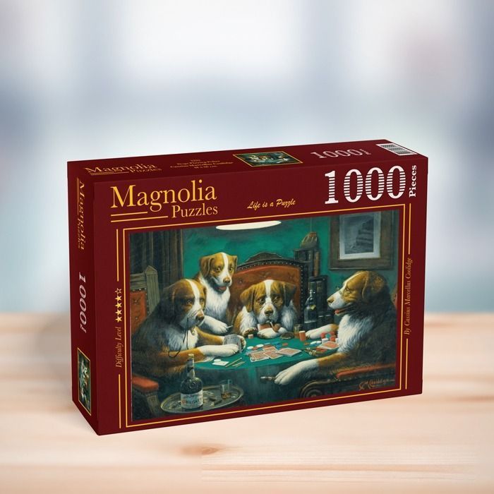 Four dogs sitting around a green card table playing poker in a dark, moody room.