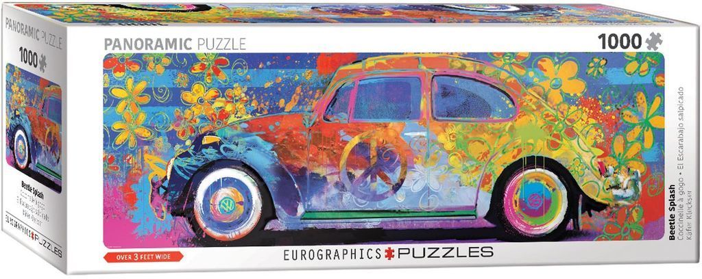 A psychedelic, multi-colored vintage Volkswagen Beetle decorated with flowers and a peace sign.