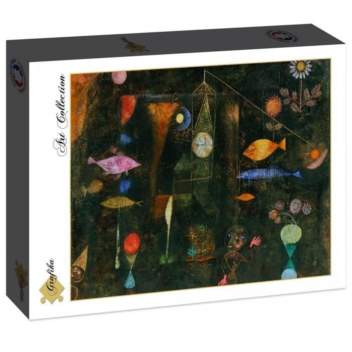 A Paul Klee painting of an abstract underwater or cosmic scene with fish, a clock, and a figure.