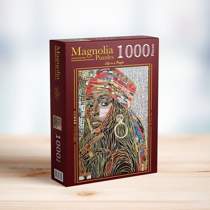 Stylized collage portrait of a woman wearing a headscarf, depicted with mixed-media elements and fine gold line work.