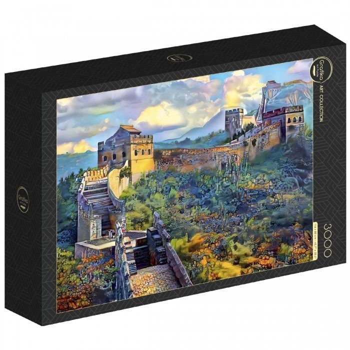 Painting of the Great Wall of China stretching across lush, mountainous landscape under a bright, cloud-filled sky.