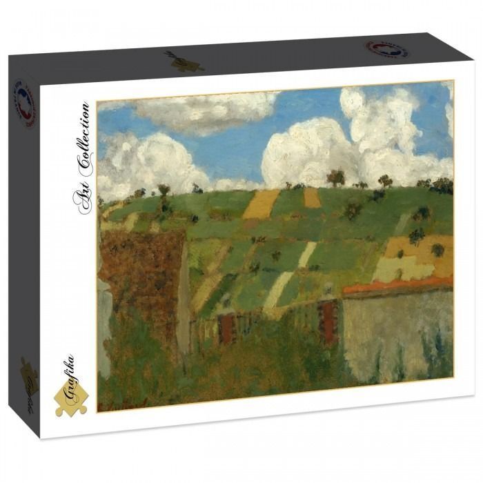 Impressionist painting of a lush, rolling green landscape with patchworked fields under a bright, cloud-filled blue sky.