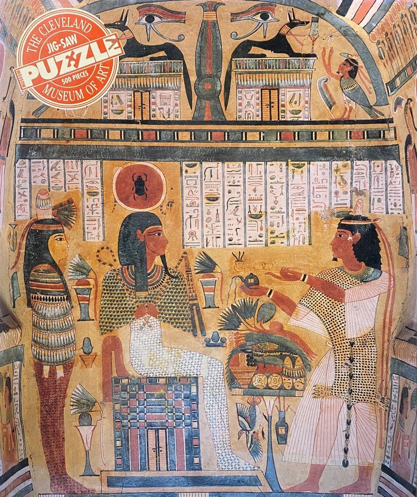 Ancient Egyptian wall painting scene featuring figures and hieroglyphs