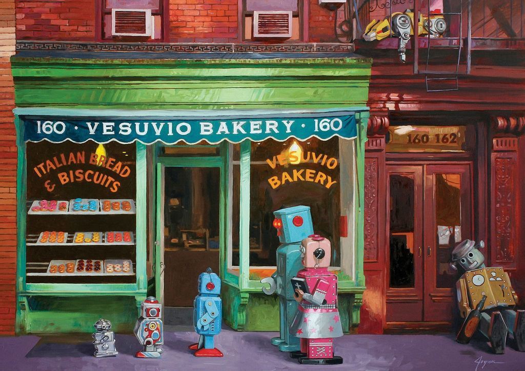 A whimsical street scene featuring five colorful toy robots outside a green storefront of a bakery.