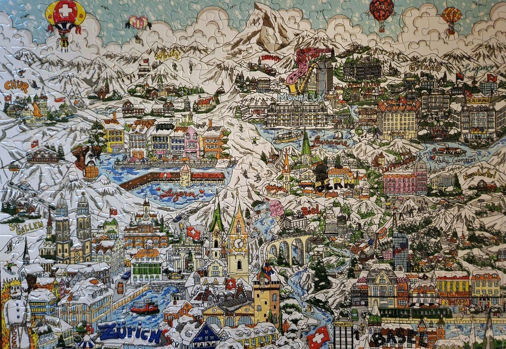 An illustrated, whimsical map of Switzerland featuring winter scenes, famous cities, and snowy mountain peaks.