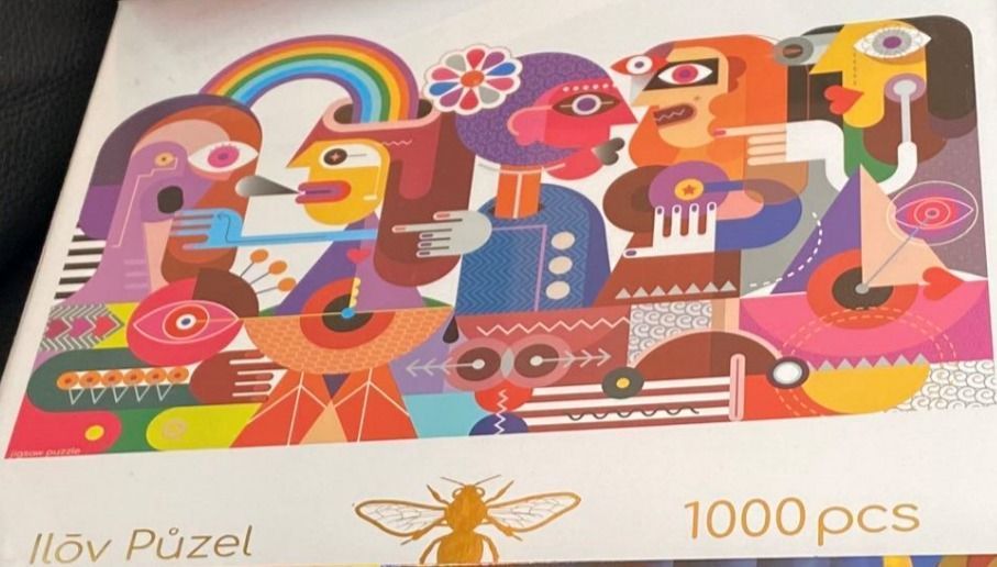 Abstract cubist-style illustration featuring multiple stylized figures in vibrant colors and geometric shapes.