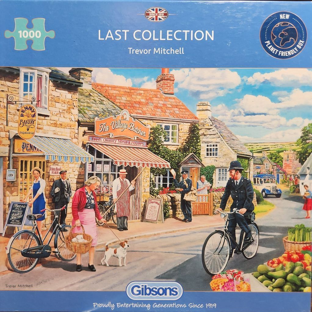 A nostalgic painting of a bustling village street featuring a bakery, a butcher shop, and a policeman on a bicycle.