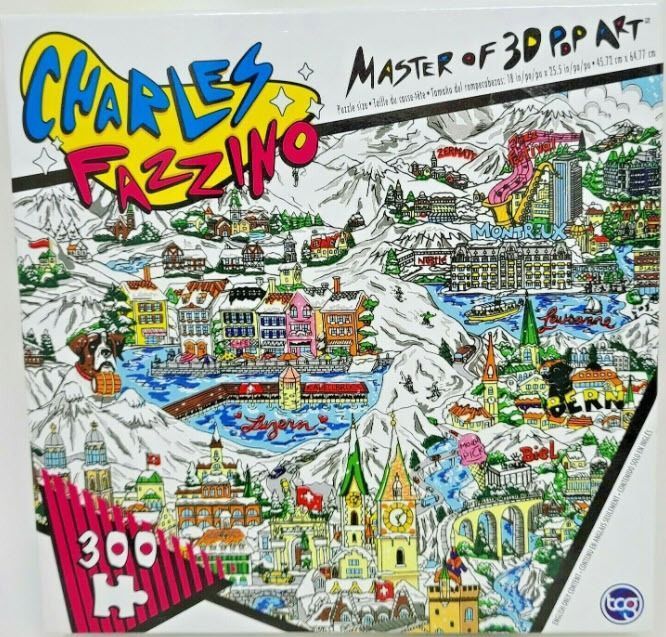 Whimsical pop art illustration of Swiss cities and mountain landscapes in a stylized, colorful comic book aesthetic.