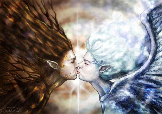 Two ethereal beings, one of earth and one of sky, meeting in a kiss.