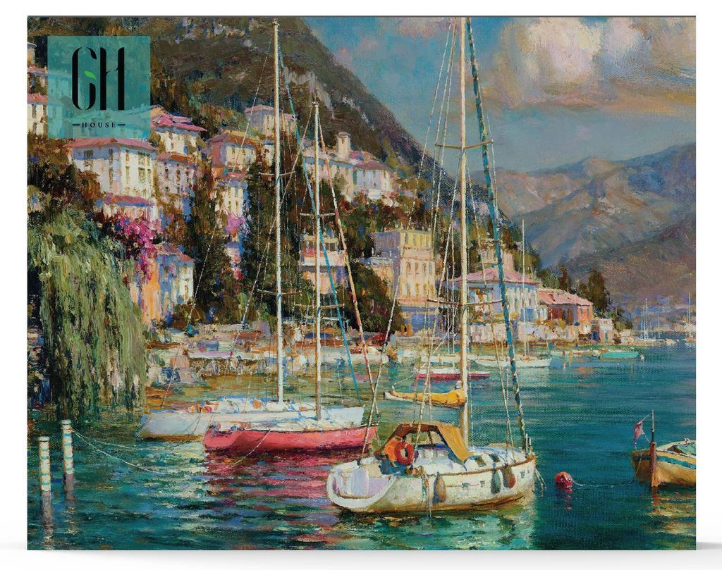 Oil painting of sailboats docked at a Mediterranean seaside village nestled against a mountain.