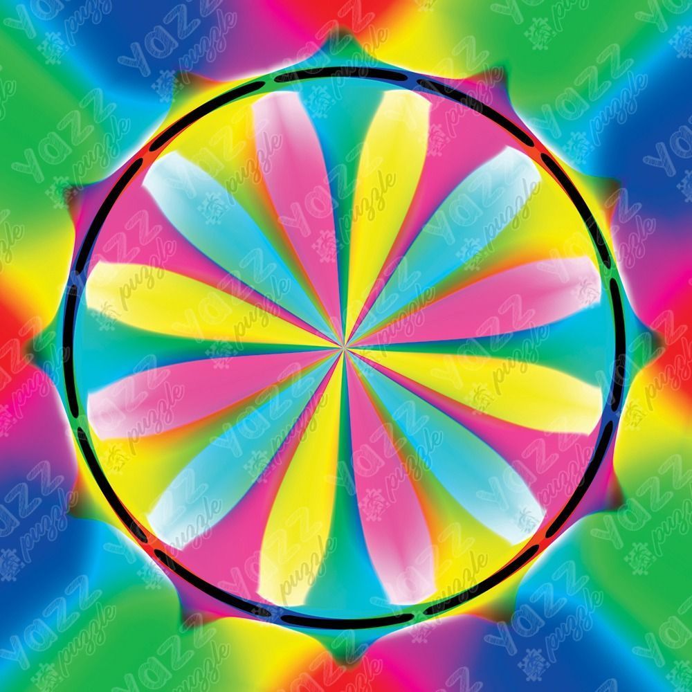 A vibrant, rainbow-colored mandala with a central star-like flower pattern inside a circular frame.