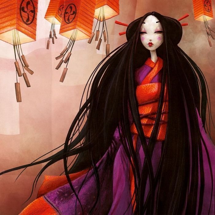 Stylized illustration of a woman with long black hair under orange paper lanterns