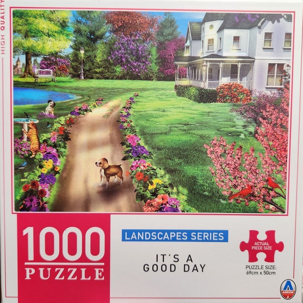 A sunny garden scene featuring a large house, a dirt path, and various pets including dogs, a cat, and birds.