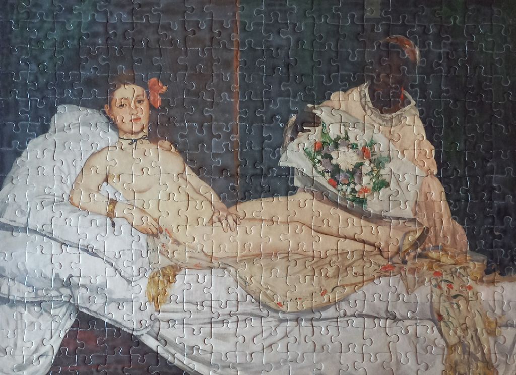 A reproduction of the painting Olympia by Edouard Manet, featuring a reclining woman and her attendant.