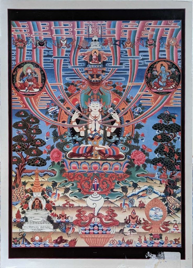 A traditional Tibetan thangka painting featuring Avalokiteshvara at the center surrounded by intricate religious motifs.