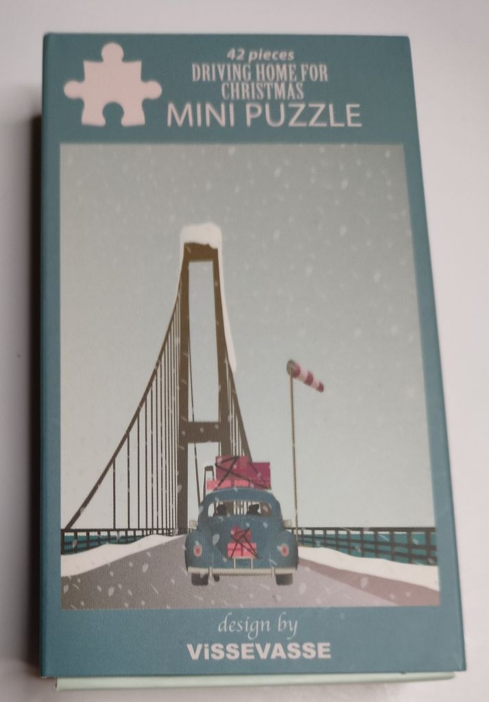 Minimalist illustration of a blue car driving across a suspension bridge in falling snow.