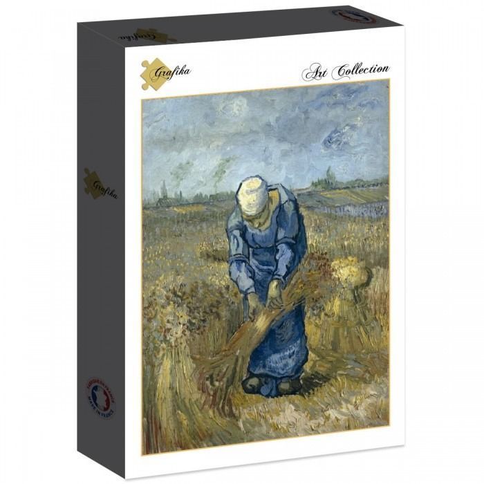 Painting of a peasant woman gathering wheat sheaves in a field under a cloudy sky.