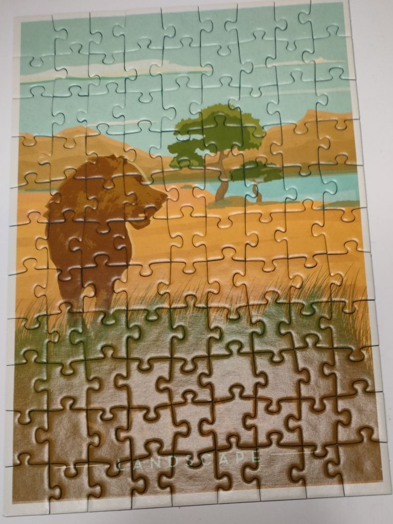 A stylized illustration of a lion looking out over an African savanna with a single acacia tree.