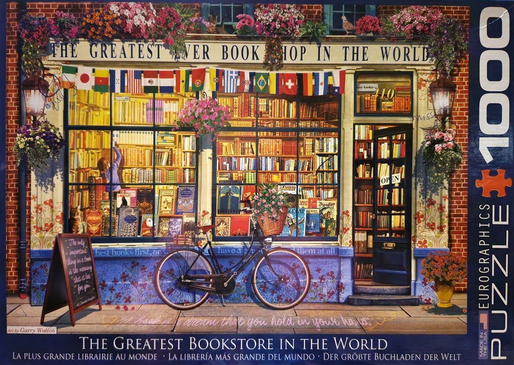A charming, illustrated bookshop storefront with a bicycle, flower boxes, and flags from various countries.