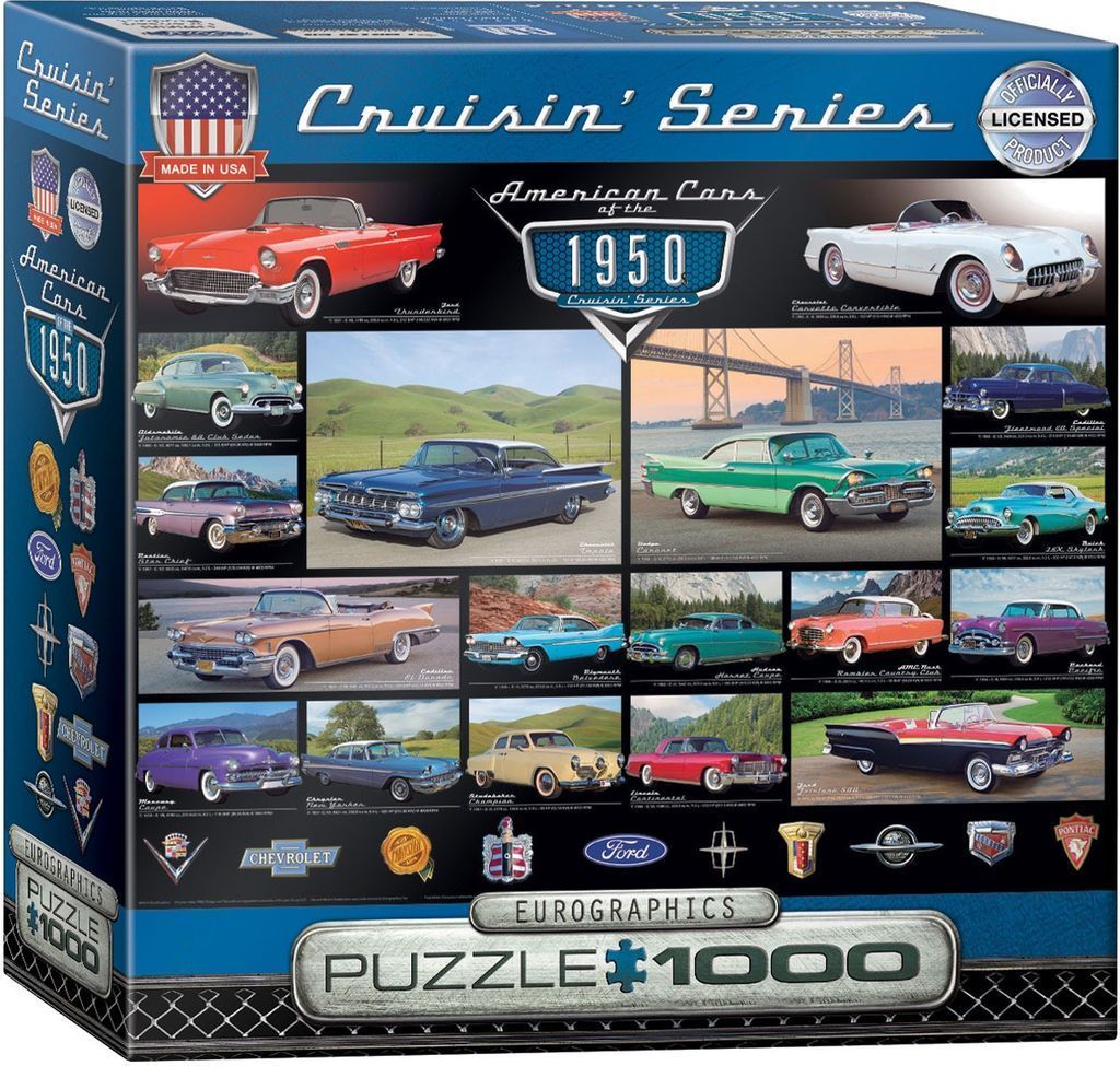A collage of various classic American cars from the 1950s set against scenic backgrounds.