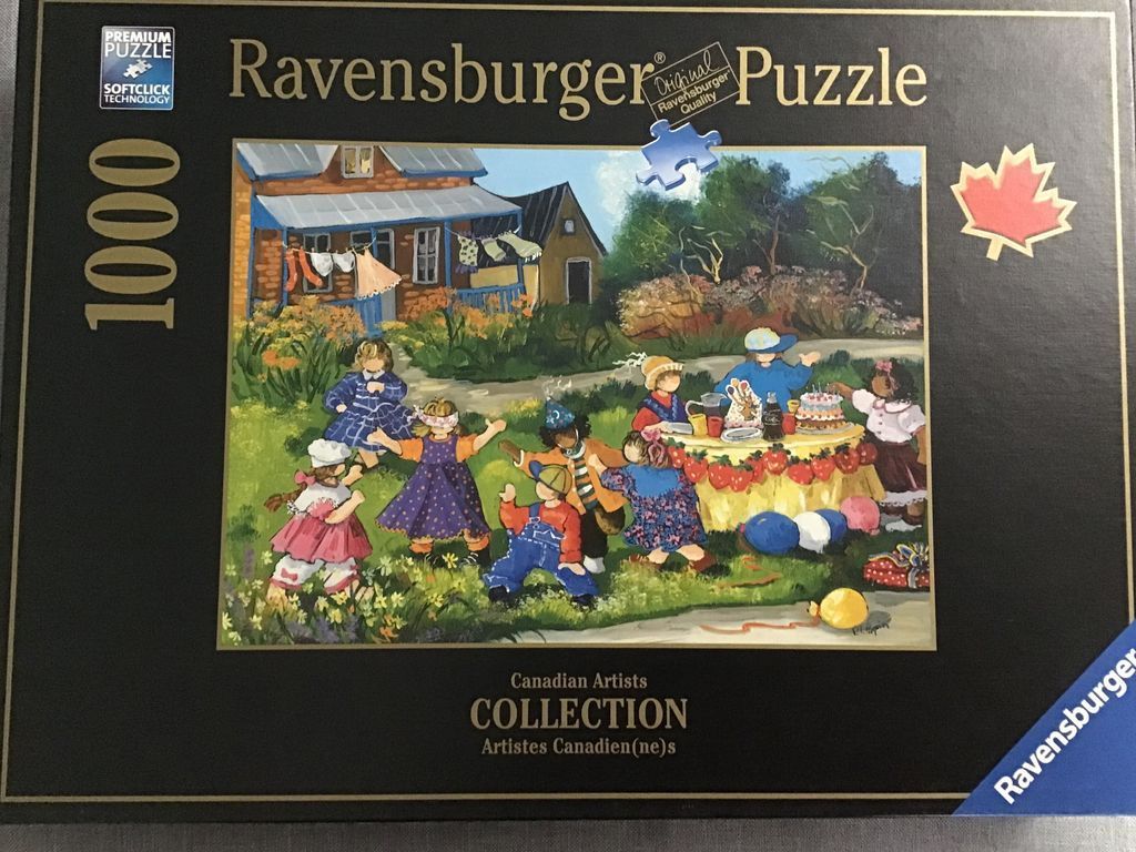 A folk-art style painting of diverse children celebrating a birthday party in a garden.