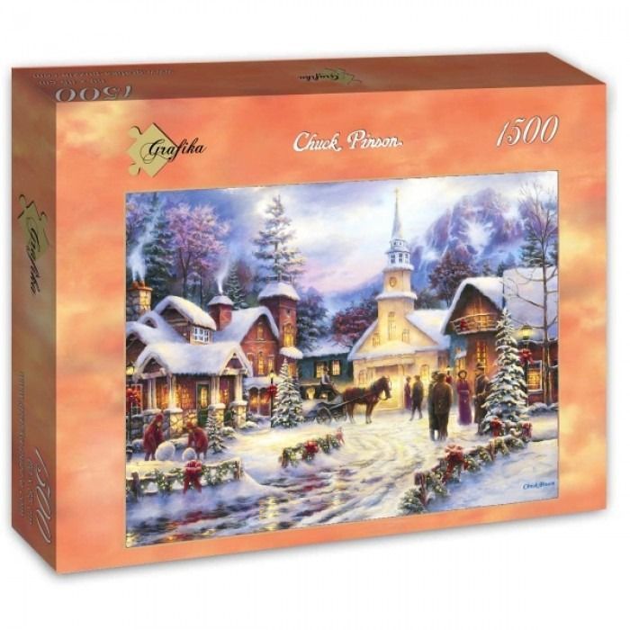 A peaceful snowy winter village scene with a church, horse-drawn carriage, and people gathered at twilight.