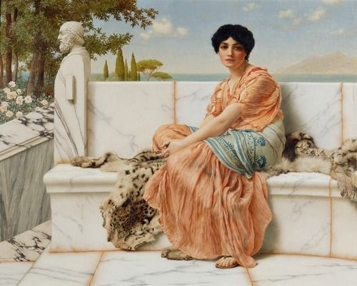 A woman with dark hair dressed in a peach-colored gown sits on a white marble bench against a classical Mediterranean backdro