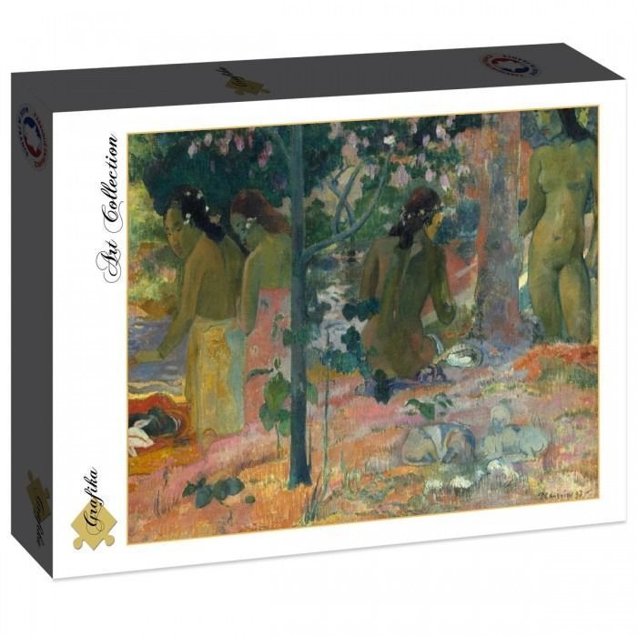 Painting of three Tahitian women in a lush, stylized landscape by Paul Gauguin.